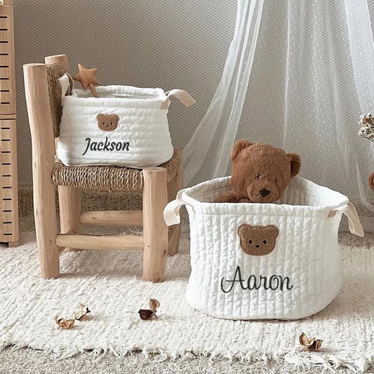 Personalized Embroidered Bear Storage Basket – Baby Toy & Diaper Organizer, Baby Shower Gift